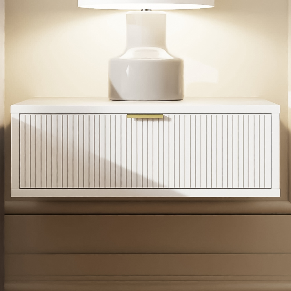 GFW Sienna Single Drawer White Ribbed Wall Mounted Bedside Table Image 1