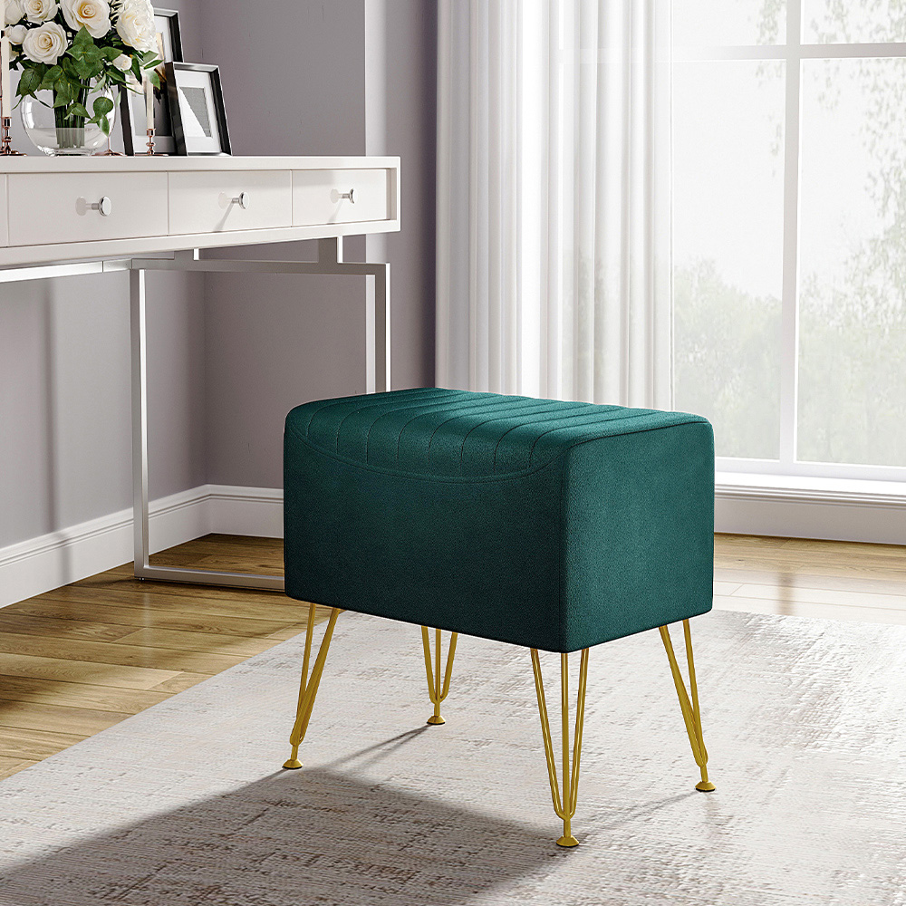 Living and Home Green Rectangle Soft Channel Velvet Stool with Gold Legs Image 3