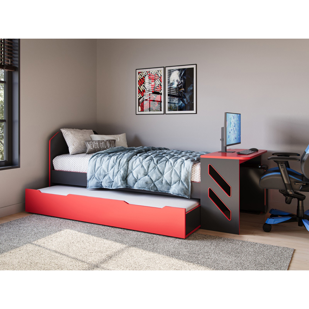 Recoil Portal Single Black and Red Gaming Bed with Desk and Underbed Drawer Image 3
