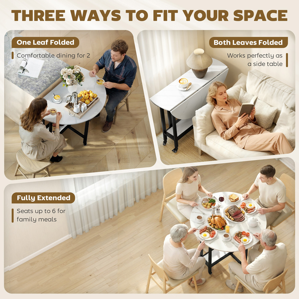 Portland 4 Seater Single Shelf White Marble Drop Leaf Folding Dining Table 100cm Image 7