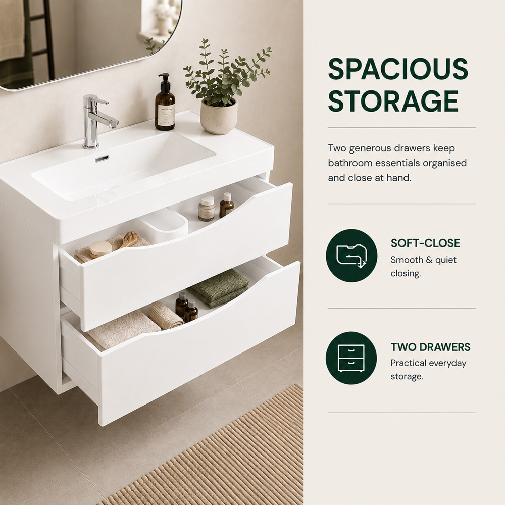 Go Bathrooms Erin 2 Drawer White Gloss Wall Hung Vanity Unit with Resin Basin 900mm Image 7