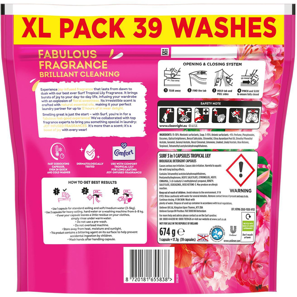 Surf 3-in-1 Tropical Lily Washing Capsules XL 39 Washes 3 Pack Image 3