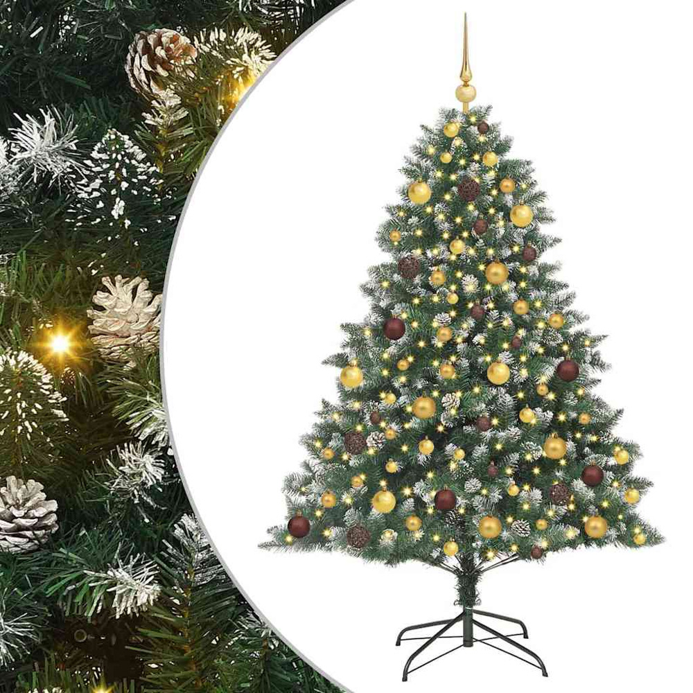 vidaXL Pre-Lit Gold and Bronze Baubles Green Artificial Snow Tipped Christmas Tree 6ft Image 2