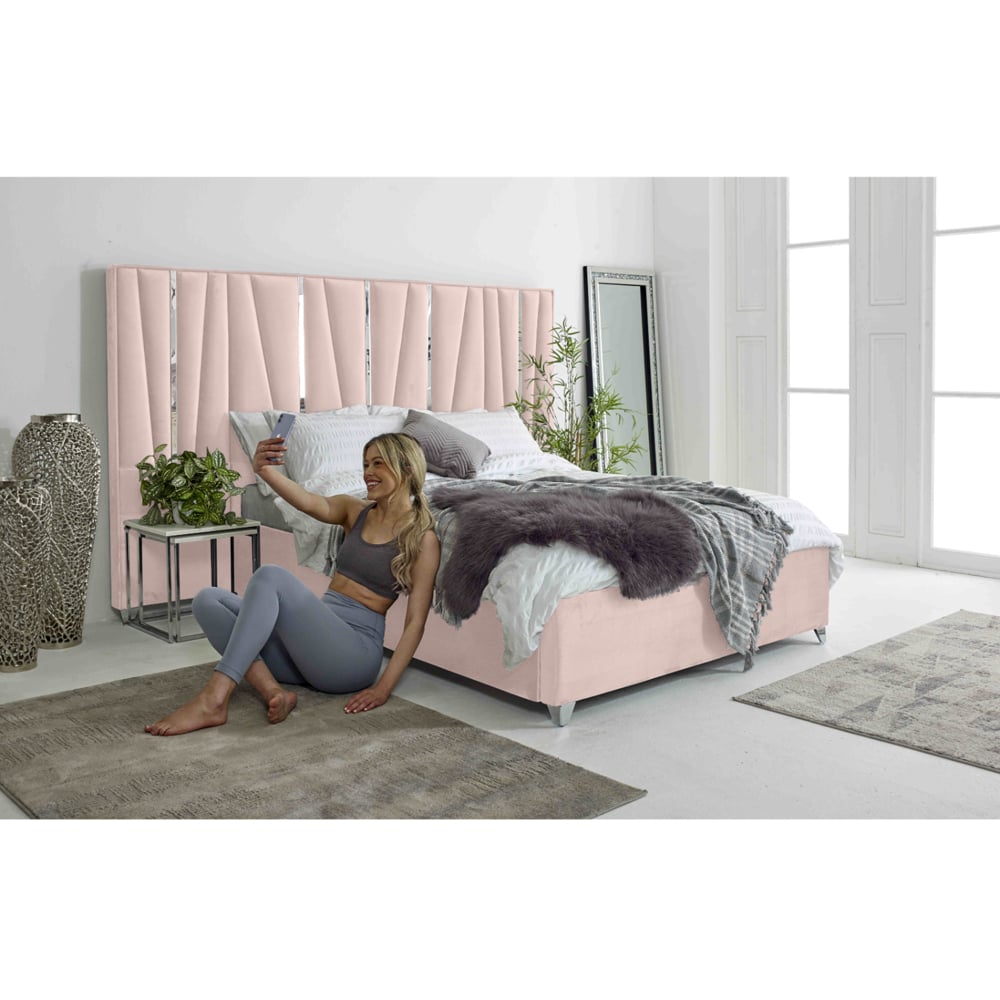 Eleganza Mila Single Pink Plush Velvet Bed Frame with Lined Headboard Image 7