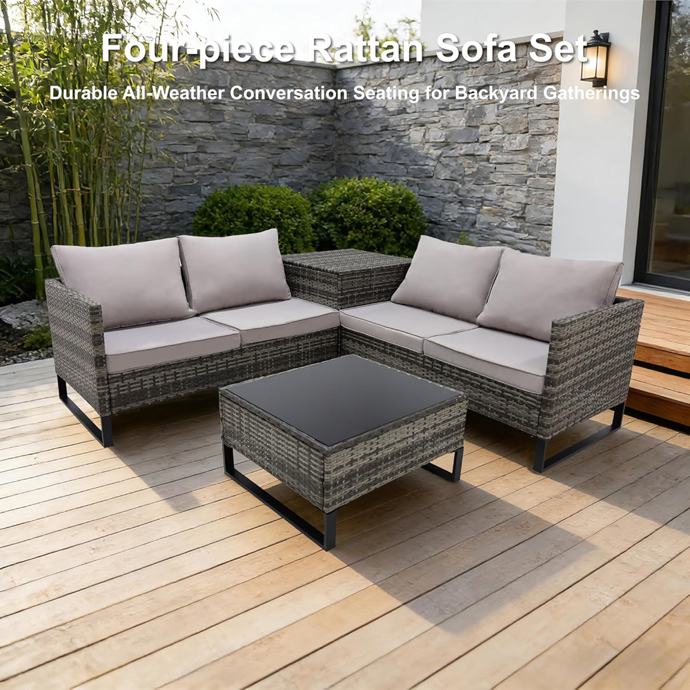 Alivio 4 Seater Grey Rattan L-Shaped Garden Sofa Set with Storage and Glass Coffee Table Image 5