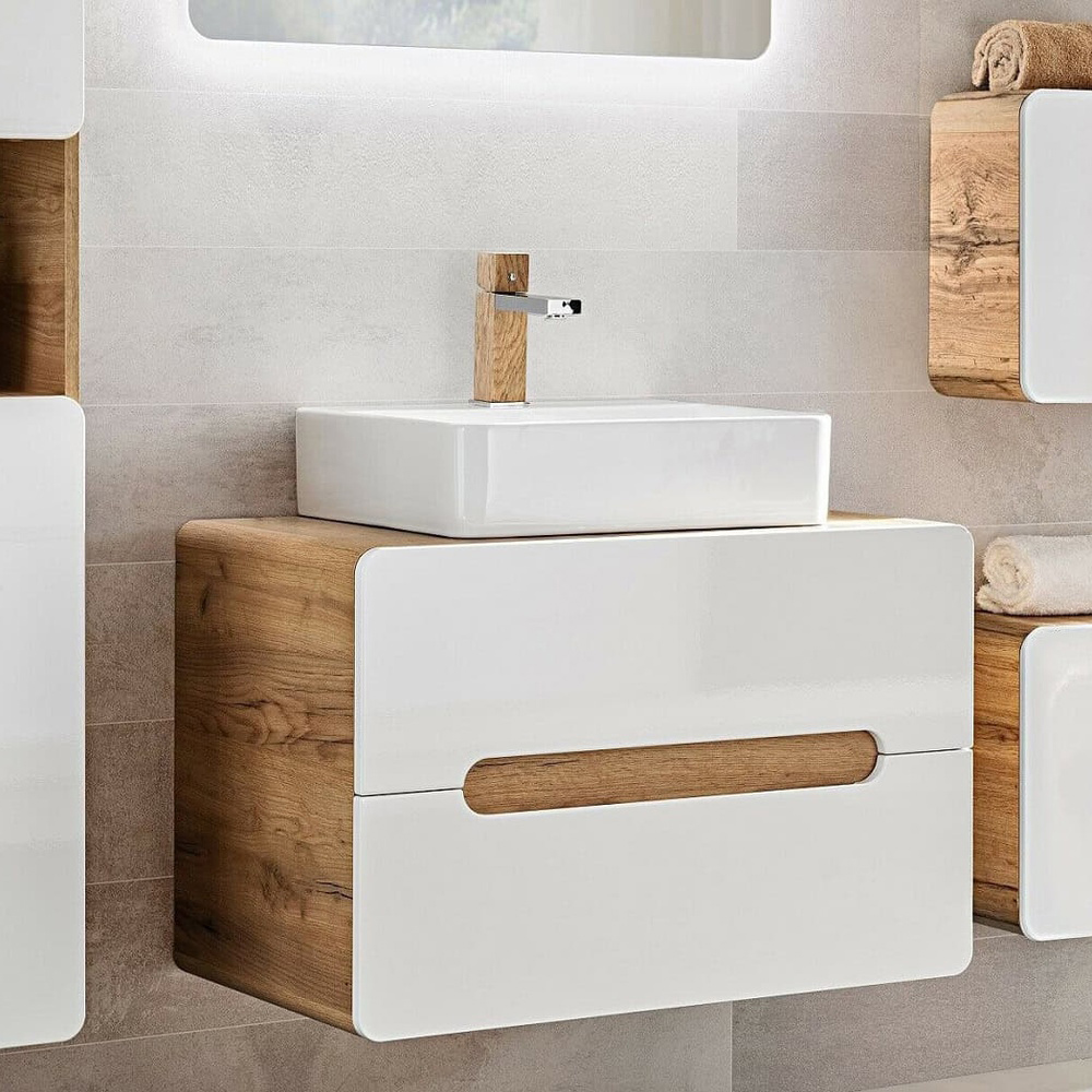 Impact Furniture Aruba White Gloss and Oak Wall Hung Bathroom Cabinet with Countertop Sink 800mm Image 5