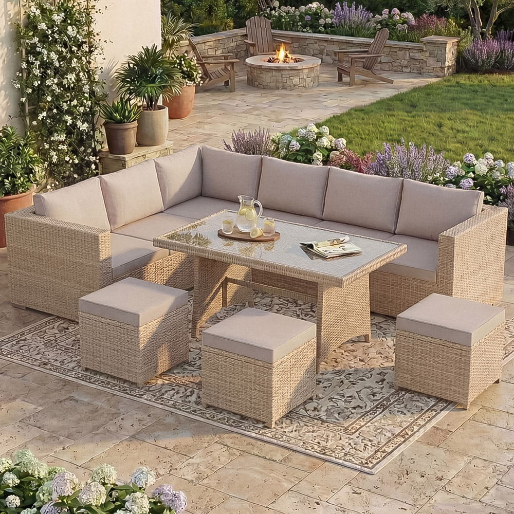 GARDEN VIDA Belgrave 9 Seater Natural PE Rattan Garden Corner Lounge Set Image 1