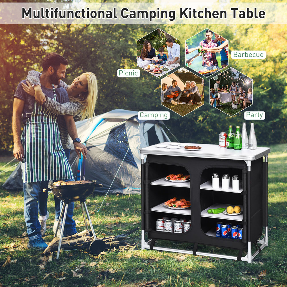 Costway Black Portable Camping Cooking Table with Storage Image 4