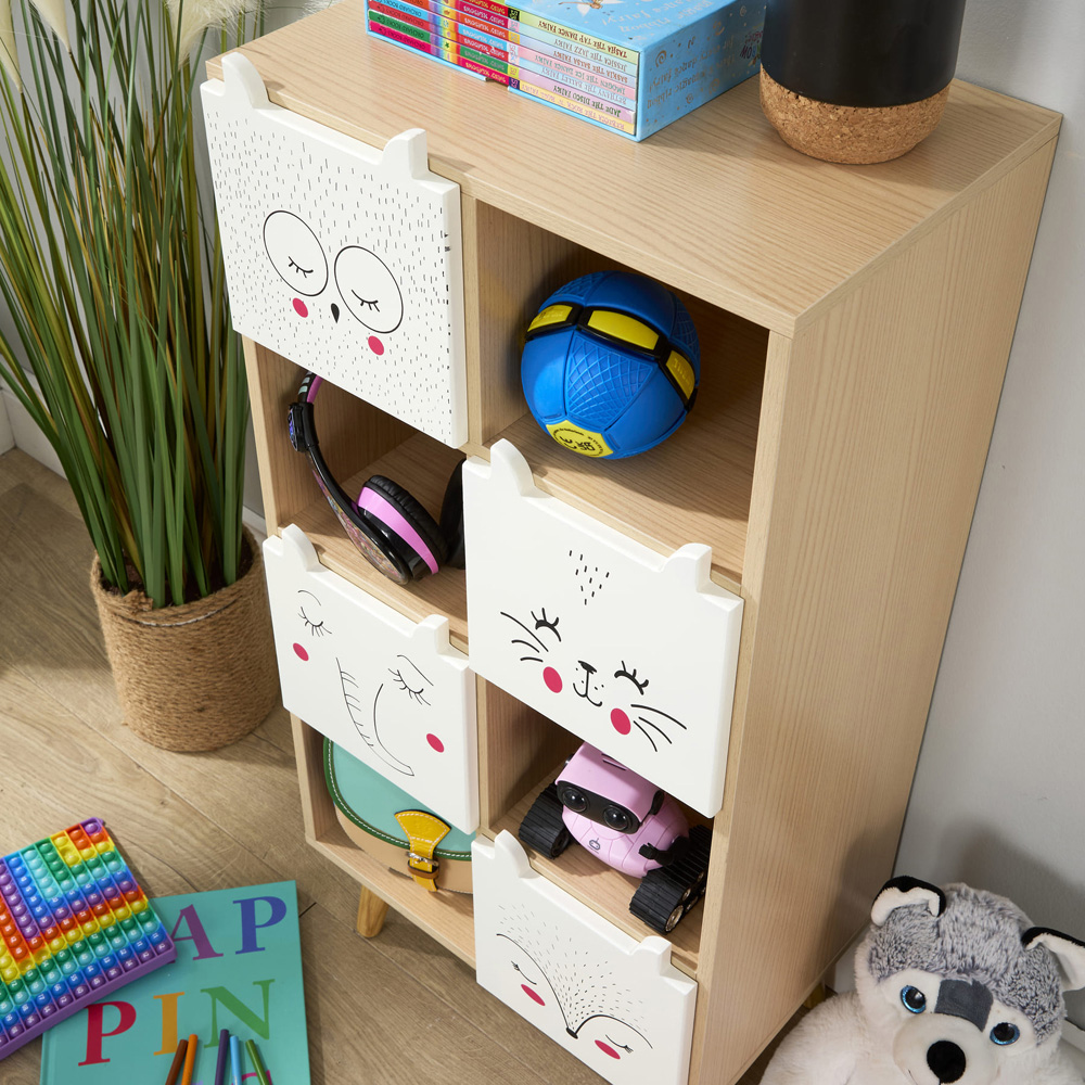 Home Source Milo 4 Door 4 Shelf White and Natural Animal Motifs Kids Cube Storage Unit Image 4