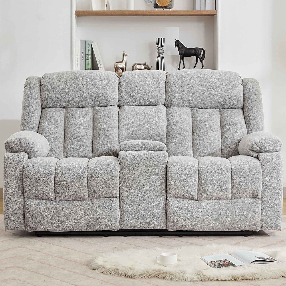 Artemis Home Lovell 2 Seater Light Grey Boucle Manual Recliner Sofa with Centre Console Image 1