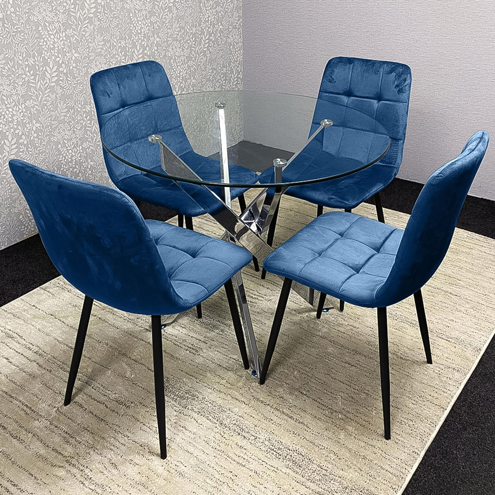 Kosy Koala 4 Seater Glass Round Dining Set Blue Velvet Image 1