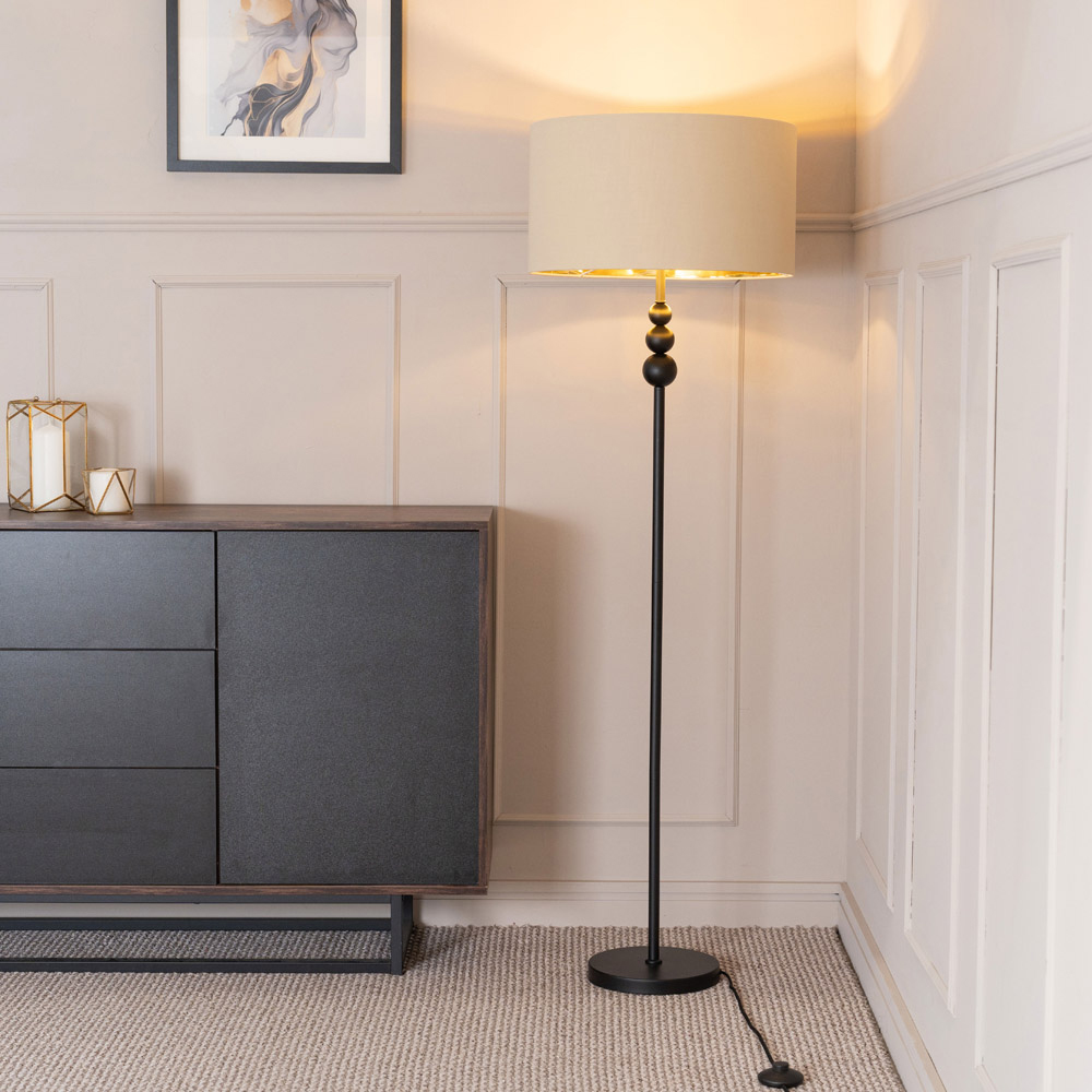 ValueLights Marissa Beige and Gold Shade Black Ball LED Floor Lamp Image 2