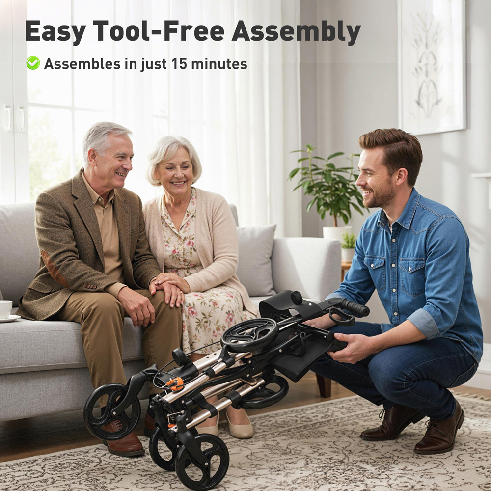 HOMCOM Gold Tone 4-Wheel Foldable Rollator Walker with Seat and Storage Bag Image 8