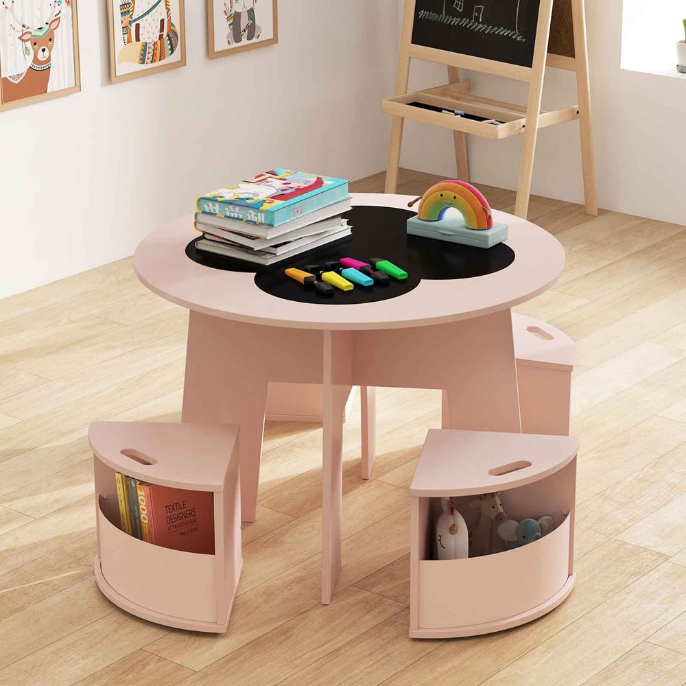 Costway 4 Seater Pink Kids Table Set with Writable Blackboard Desktop Image 4