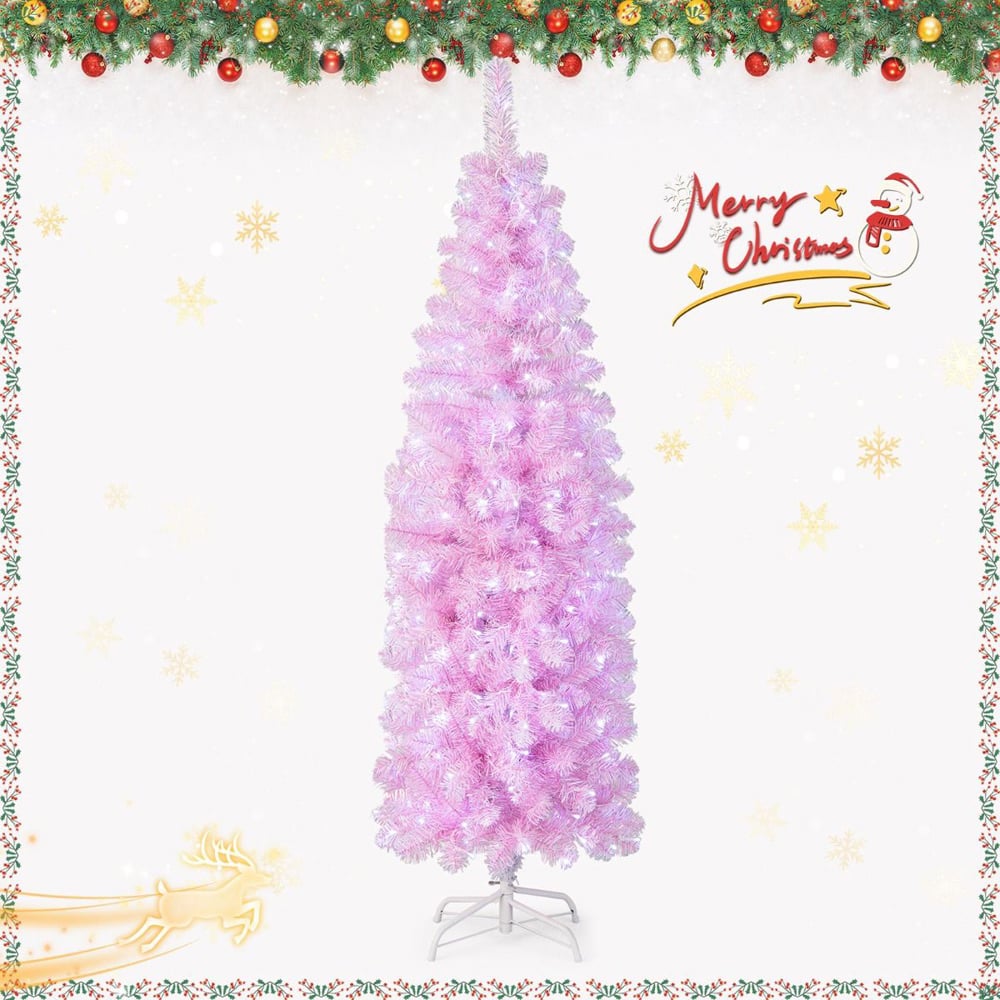 Costway Pre Lit White LED Pink Slim Artificial Christmas Tree 6ft Image 4
