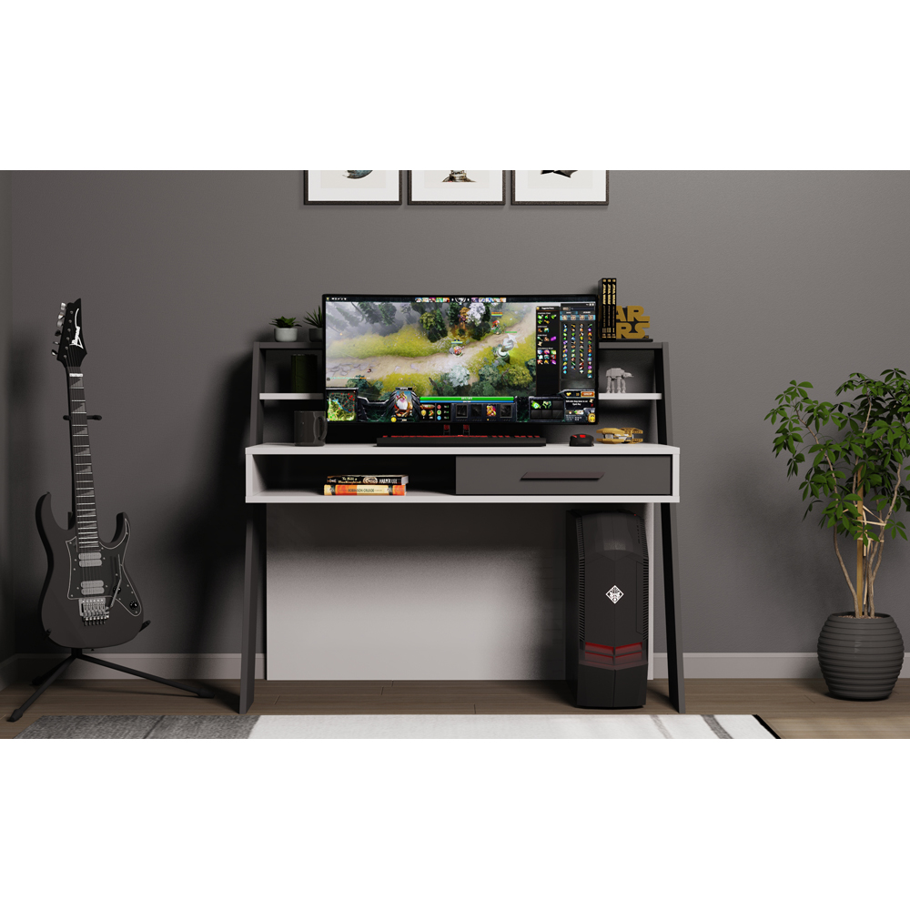 Decorotika Soho Single Drawer 5 Shelf Computer Desk White and Anthracite Image 6