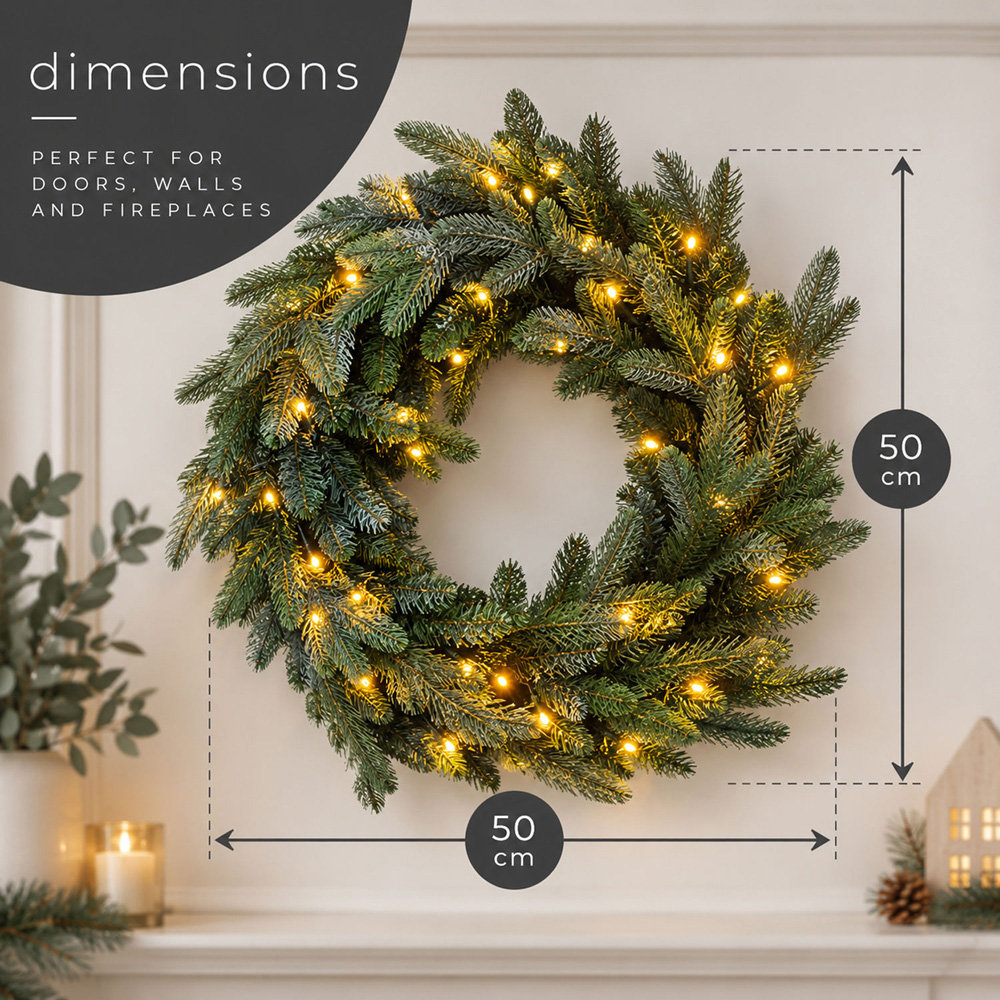 Neo Warm White LED Pre-Lit Artificial Fir Christmas Wreath 50cm Image 7