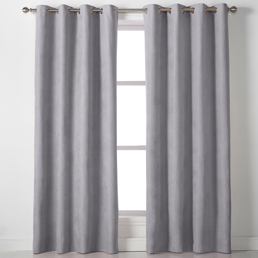 Alan Symonds Silver Velvet Chenille Ring Top Eyelet Curtains 142 x 183cm Image 1
