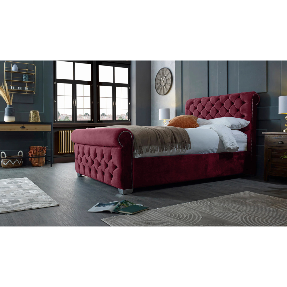 Eleganza Home Veneta Double Maroon Plush Velvet Bed Frame with Chesterfield Headboard Image 5