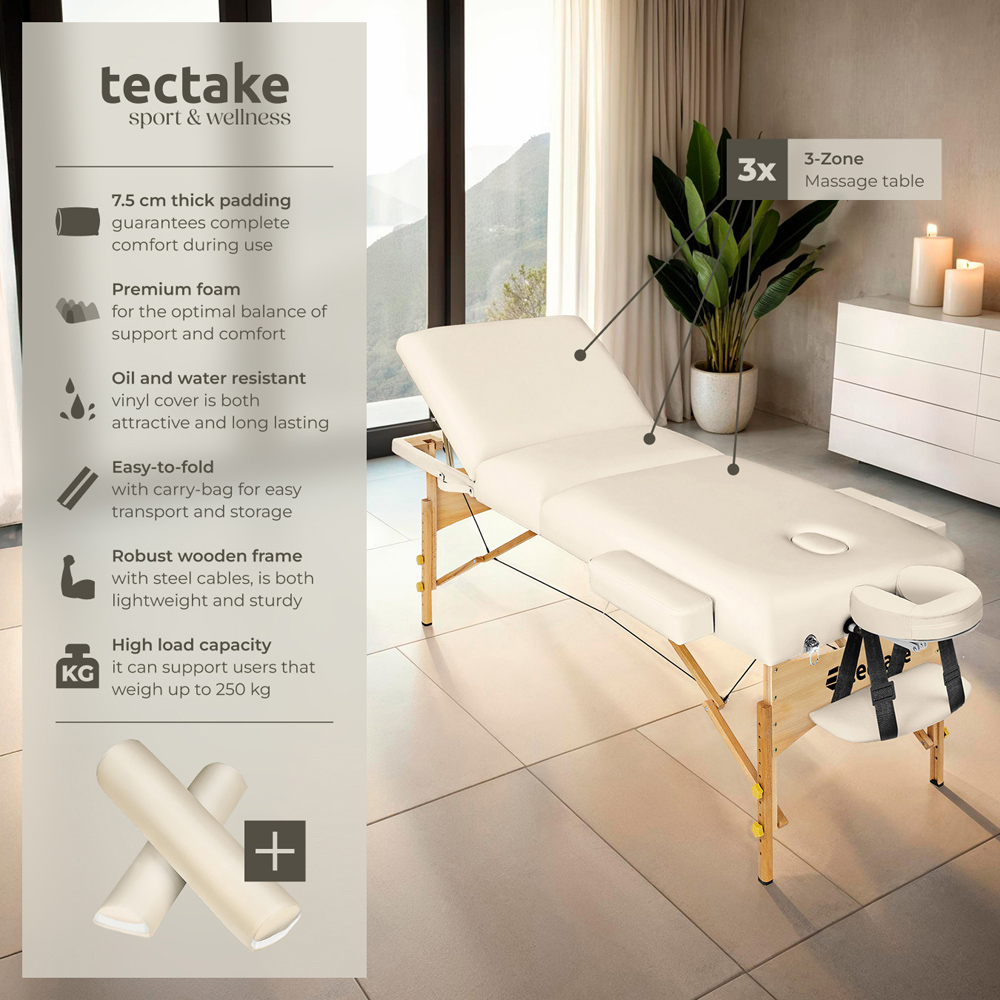 tectake Beige 3 Zone Somwang Massage Table with Headrest Armrests Footrest and Bolster Set Image 6