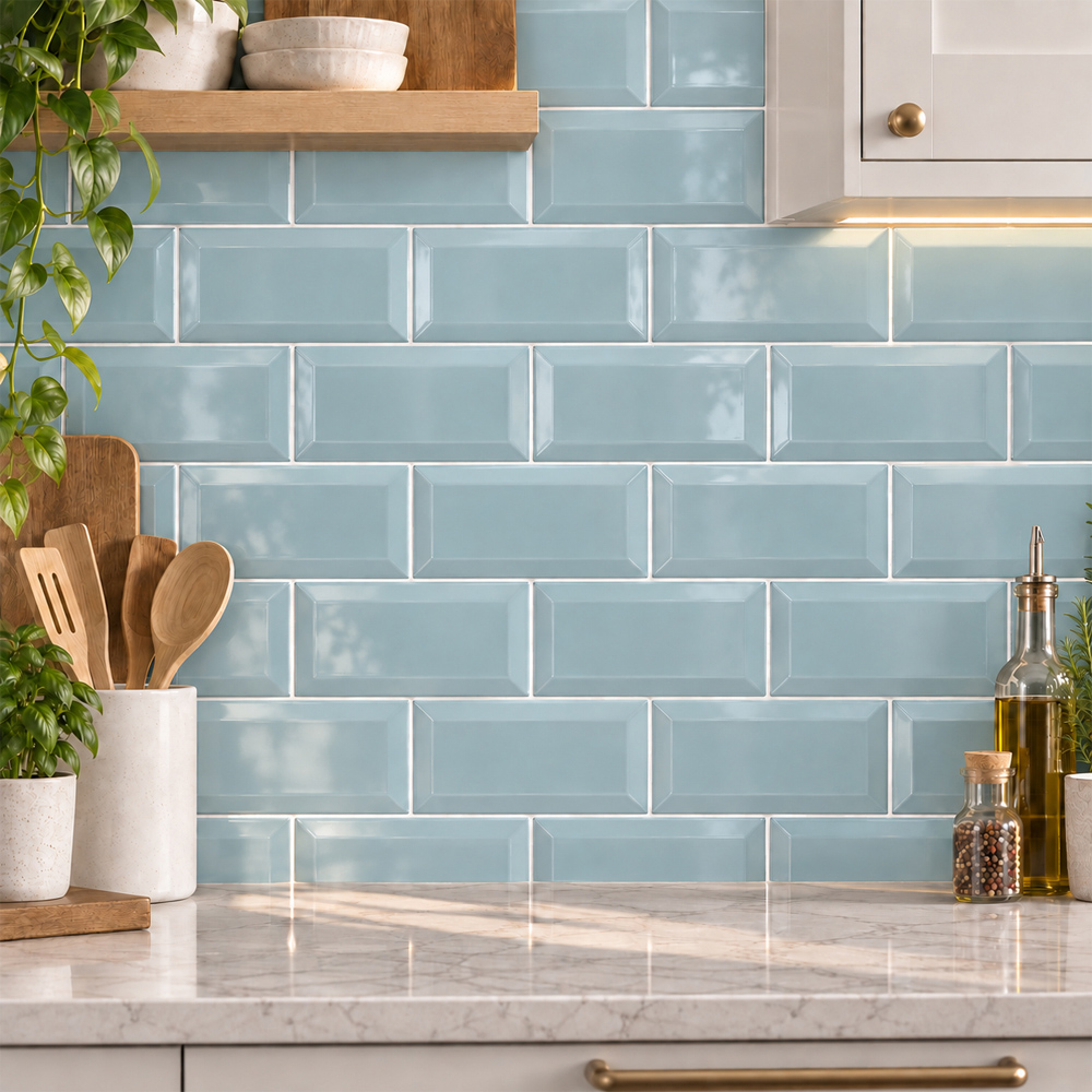 Go Bathrooms Metro Powdered Blue Gloss Ceramic Wall Tile 100 x 200mm 50 Pack Image 4