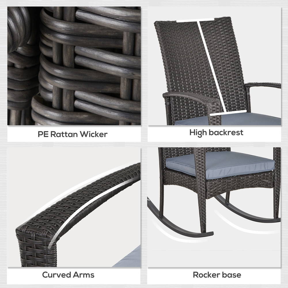Outsunny Grey PE Rattan Rocking Chair with Cushion Image 7