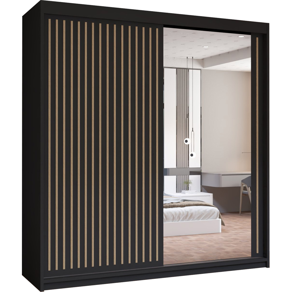 M N Furniture Roman 2 Door Black and Oak Mirrored Sliding Wardrobe 203cm Image 2