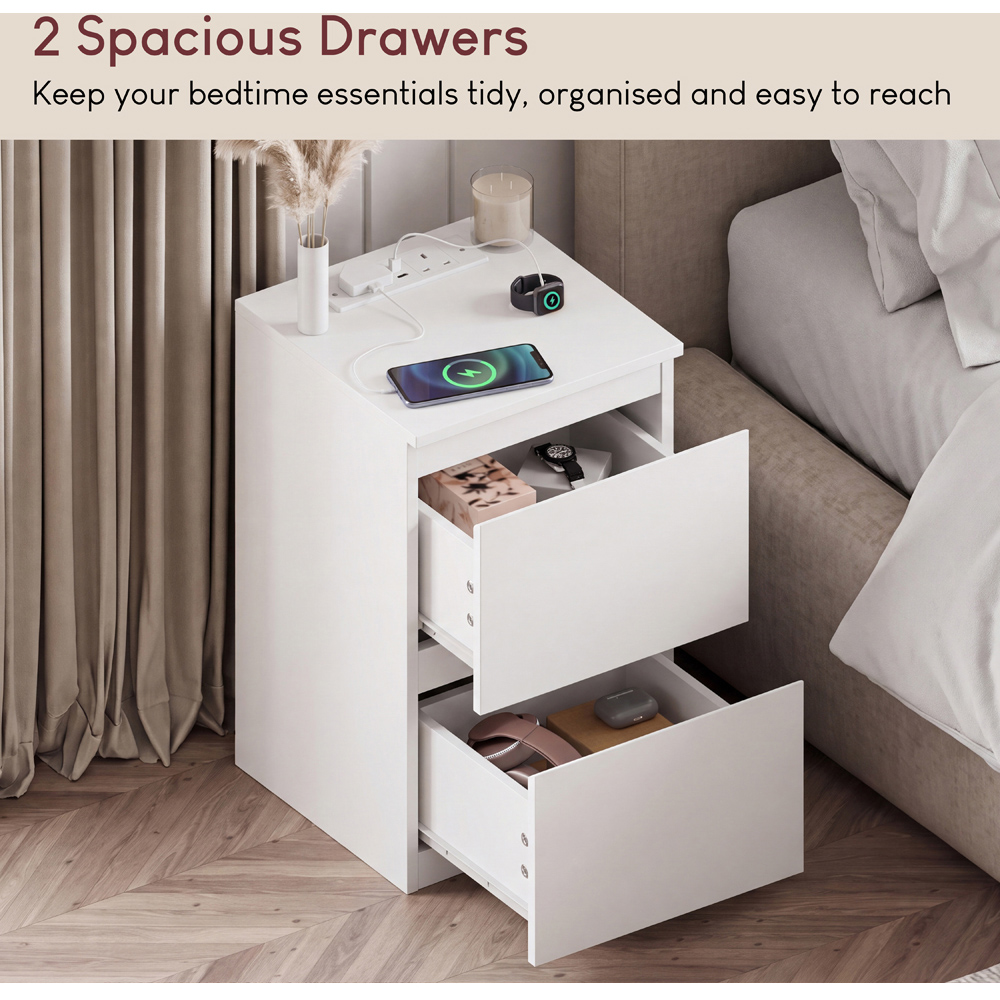 VIDA DESIGNS Denver 2 Drawer White Bedside Chest with Power Outlet Image 5