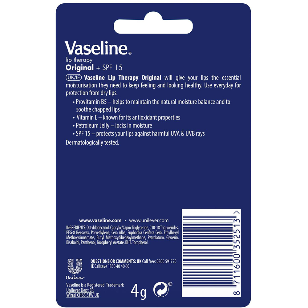 Vaseline Lip Therapy Original Lip Balm Stick 4g 4 Pack Image 5