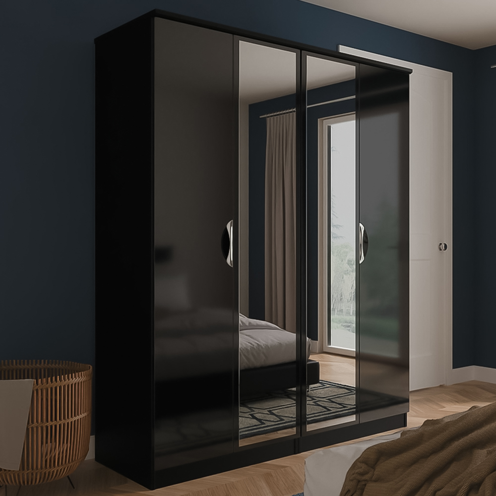 Crowndale Camden 4 Door Black Gloss and Black Mirror Wardrobe Ready Assembled Image 1