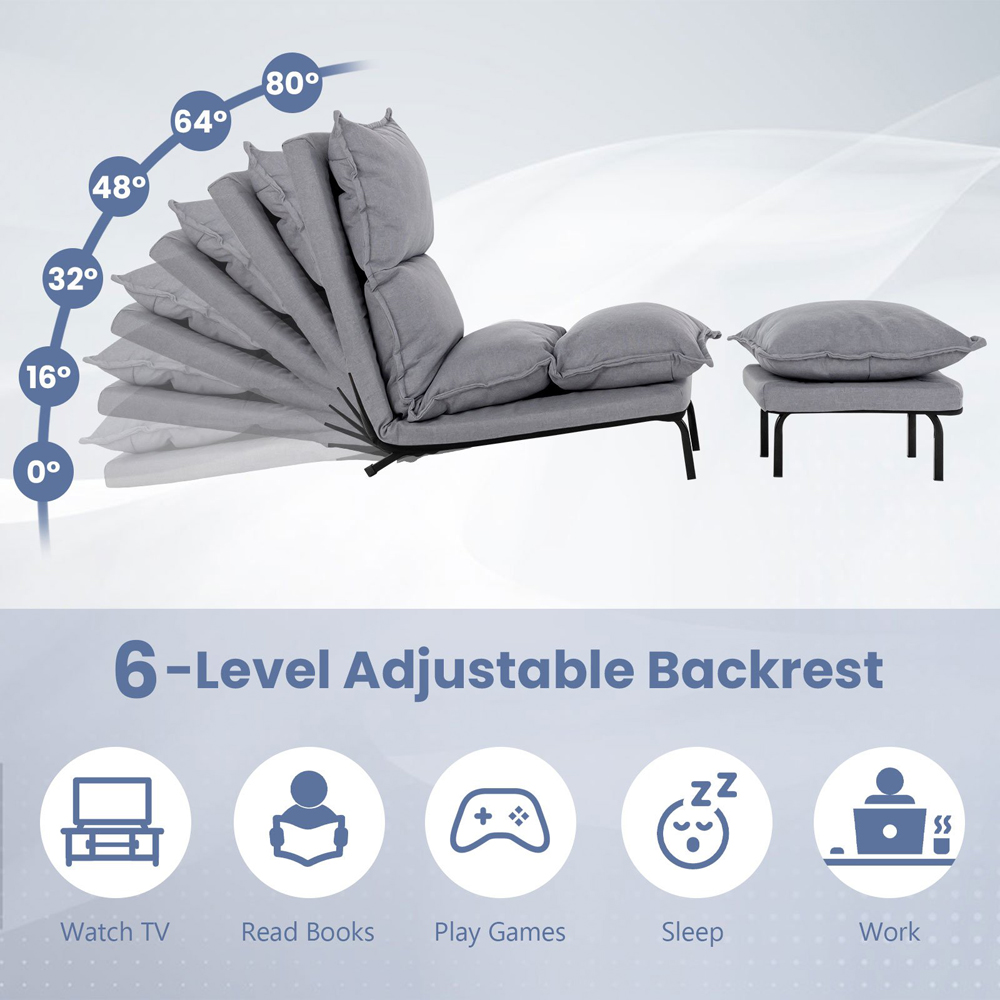 Costway Grey Adjustable Backrest Accent Chair with Footstool Image 8