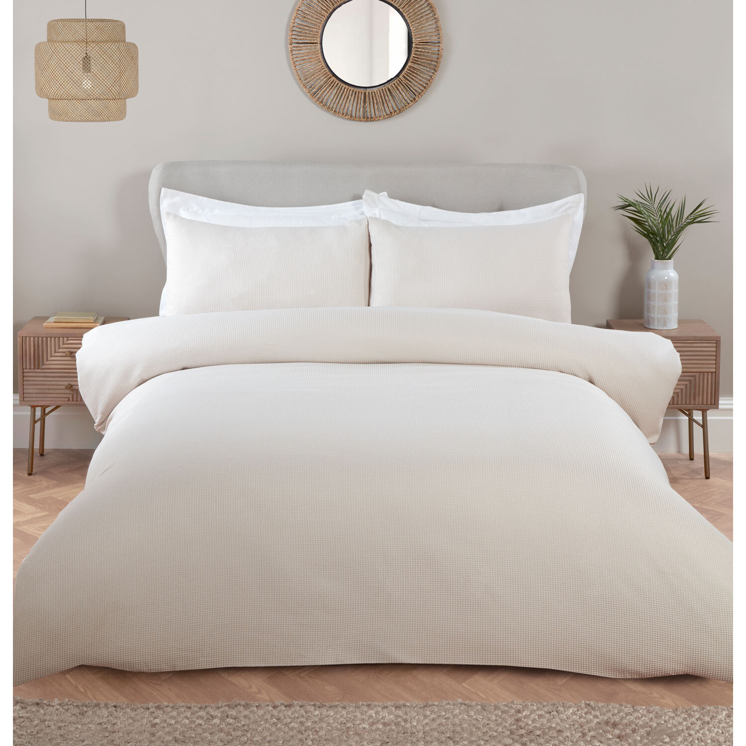 My Home Malvern Waffle King Size Natural Duvet Cover and Pillowcase Set Image 1