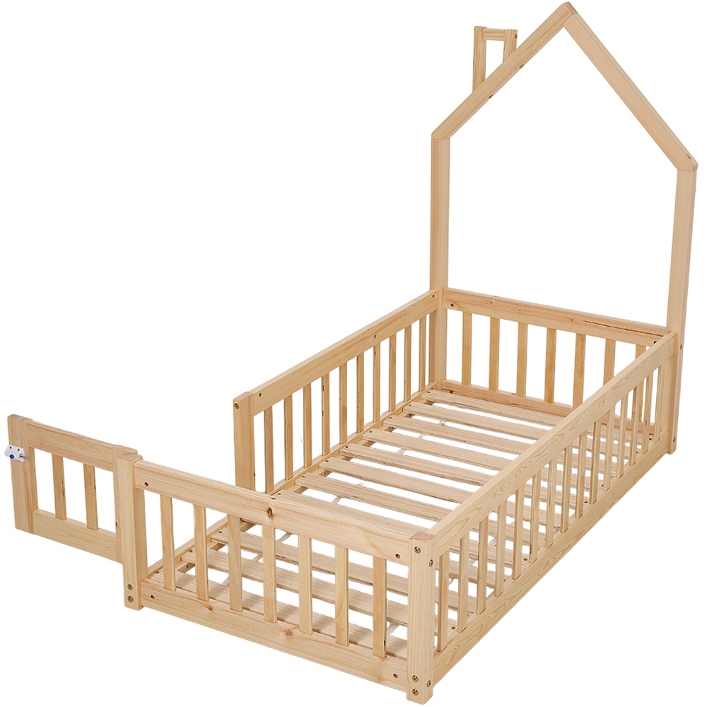 Living and Home Kids Natural Pine Wood Floor Bed Frame with Roof Headboard Image 3