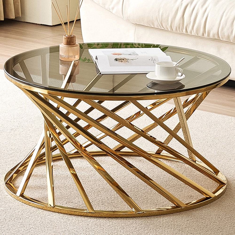 Comfy Living Gold Round Tinted Glass Coffee Table Image 1