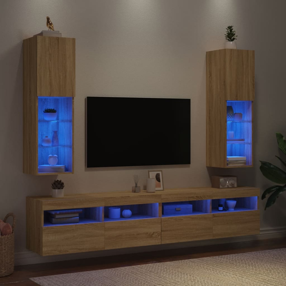 vidaXL Single Door 3 Shelf Sonoma Oak Wooden TV Cabinet with LED Set of 2 Image 4