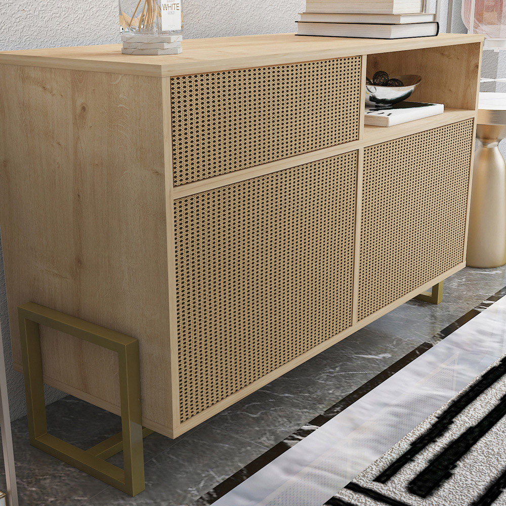 Decorotika Utopie 3 Door Singe Shelf Oak and Rattan Modern Storage Cabinet Image 4