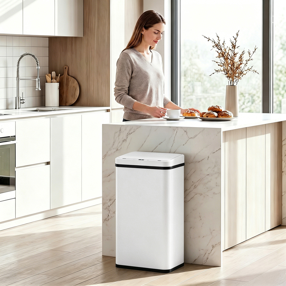 HOMCOM White Stainless Steel Kitchen Motion Sensor Bin 50L Image 2