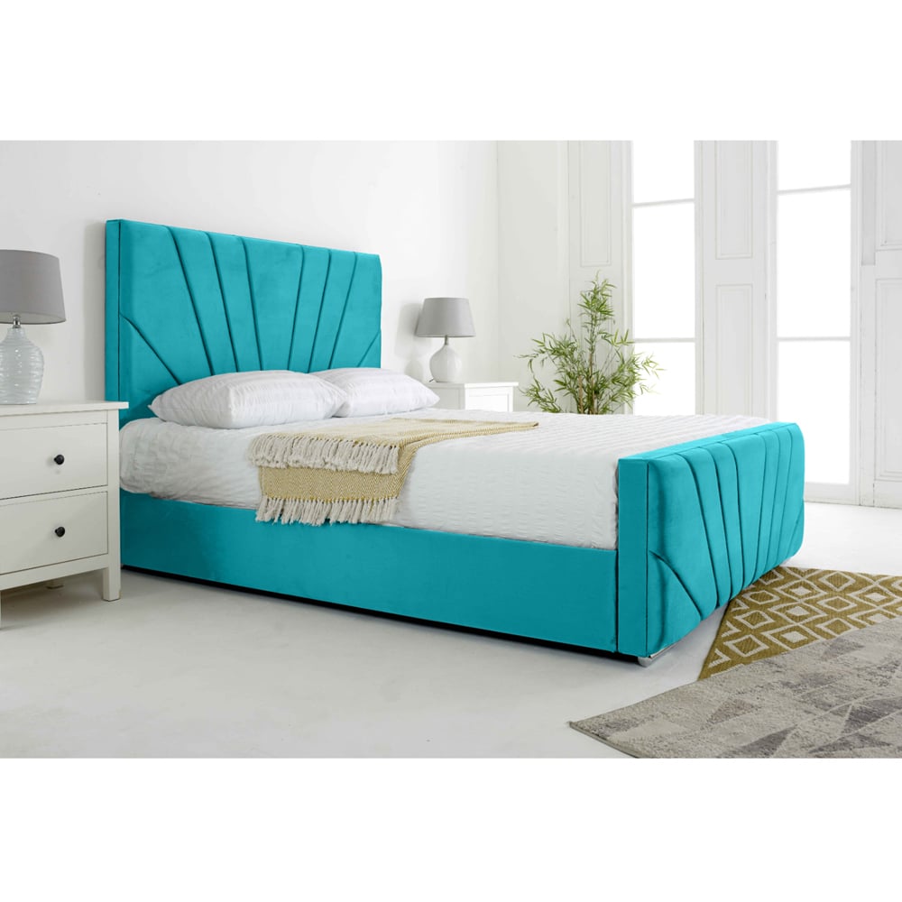 Eleganza Scarlett Small Double Teal Plush Velvet Bed Frame with Headboard and Footboard Image 3