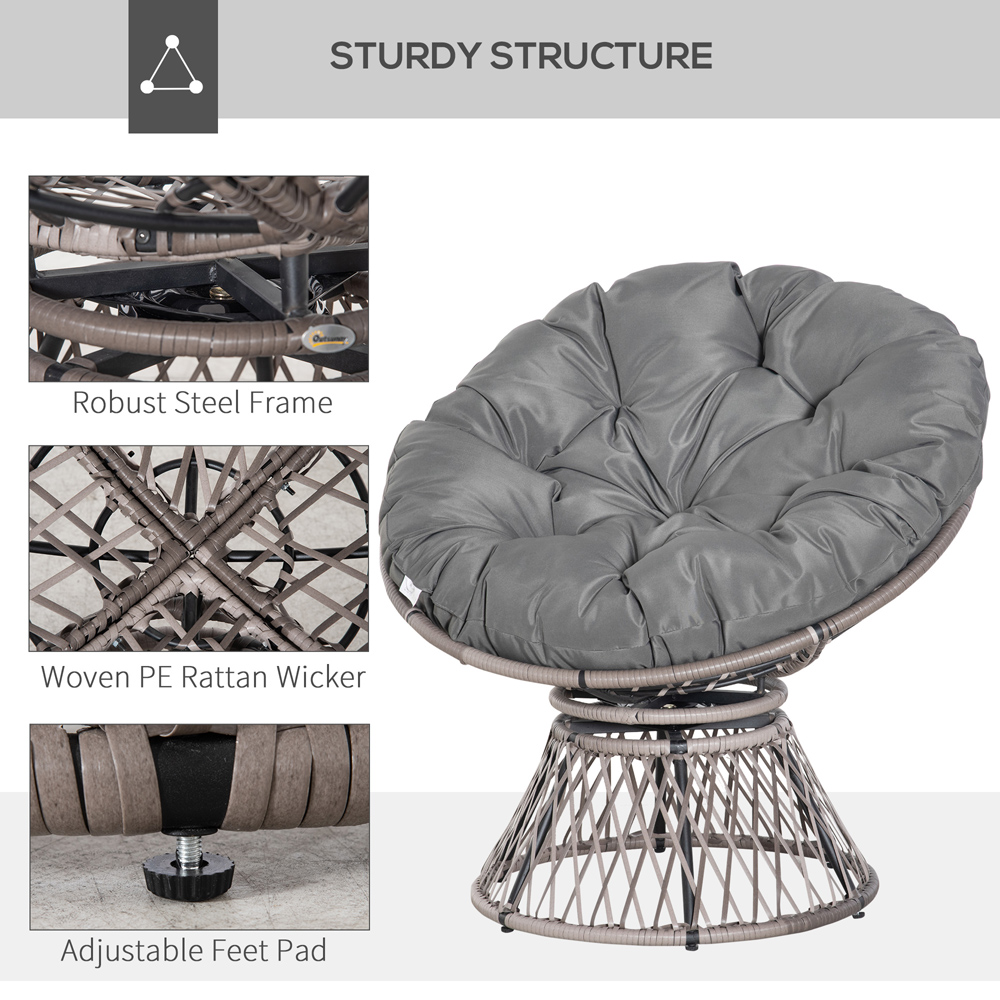 Outsunny Grey 360° Swivel Rattan Chair with Padded Cushion Image 6