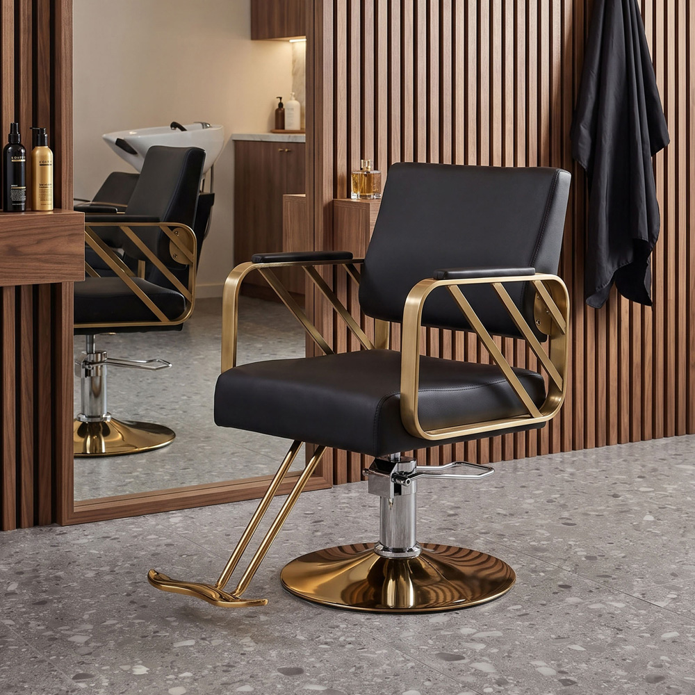 Living and Home Black and Gold Luxury Barber Chair with Fishtail Footrest Image 8