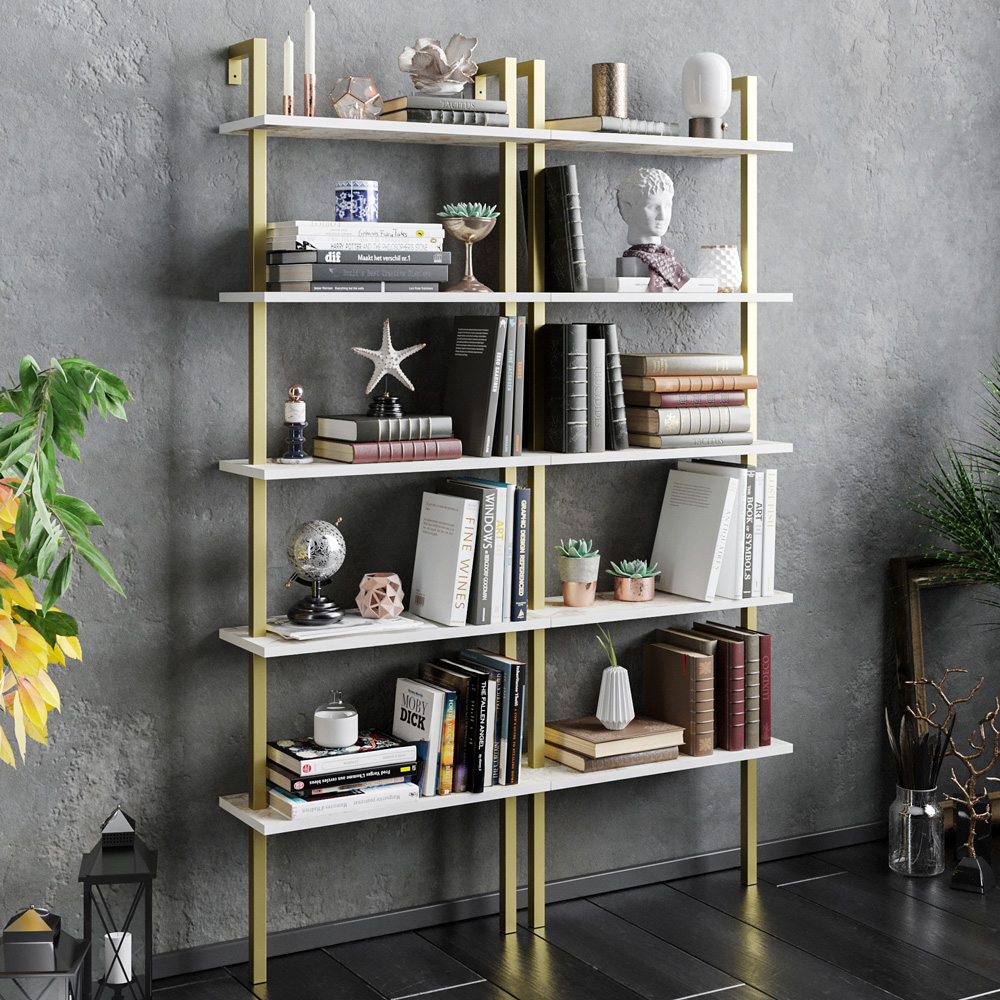 Decorotika Piante 5 Shelf White Marble and Gold Bookshelf Image 4