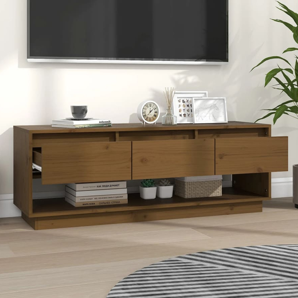 vidaXL 3 Drawer Single Shelf Honey Brown Solid Pine Wood TV Cabinet Image 1