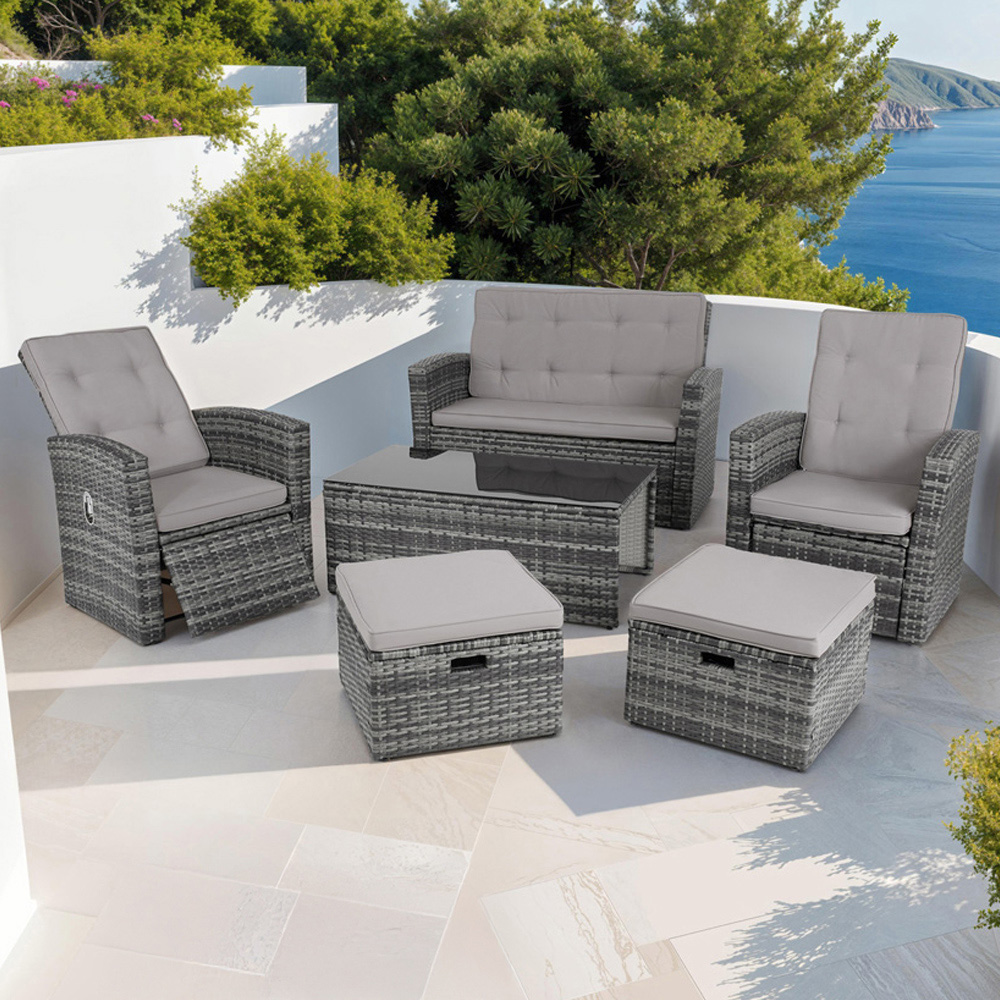 tectake Bari 6 Seater Grey Rattan Reclining Garden Lounge Set Image 1