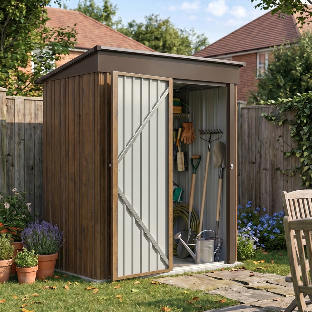 Living and Home 3 x 5ft Brown Wood-Grain Finish Metal Apex Garden Storage Shed Image 2