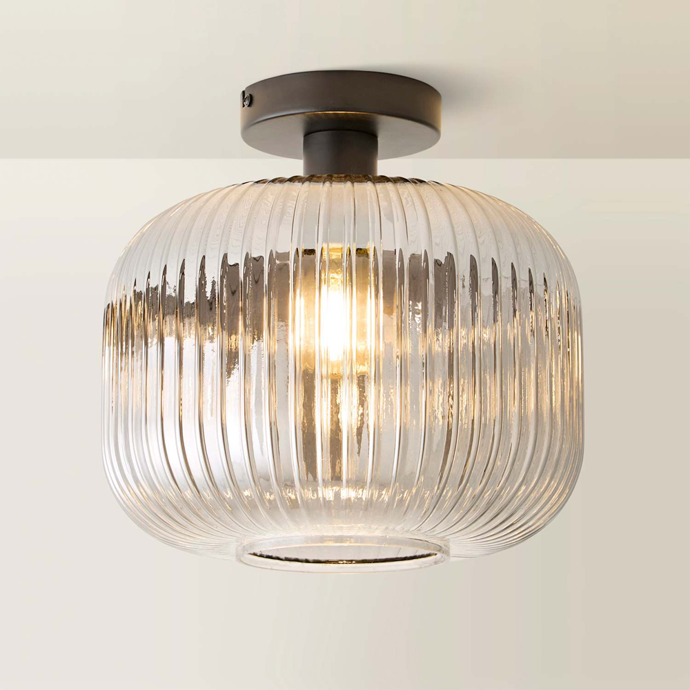 ValueLights Calpe Ribbed Smoked Glass Shade Matte Black Flush Ceiling Light with Bulb Image 5
