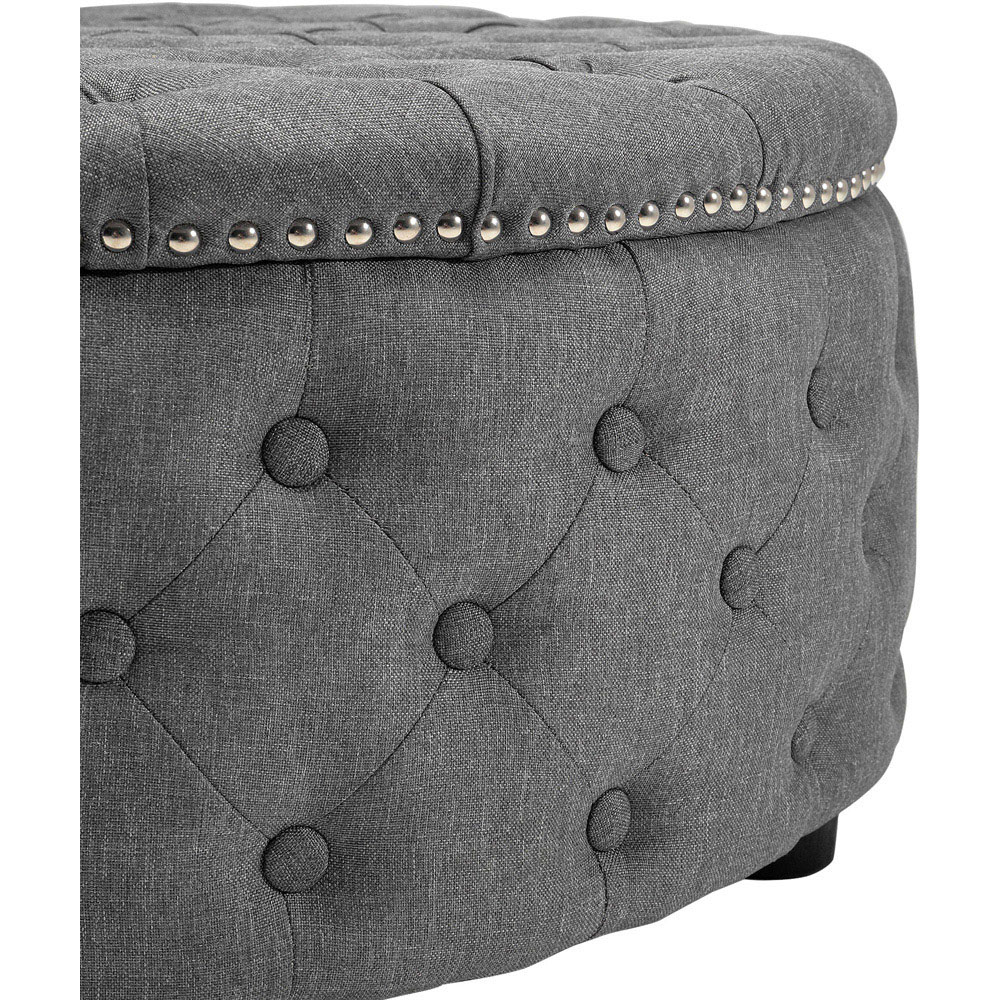 Living and Home Light Grey Linen Round Buttoned Ottoman with Studded Edge Image 4