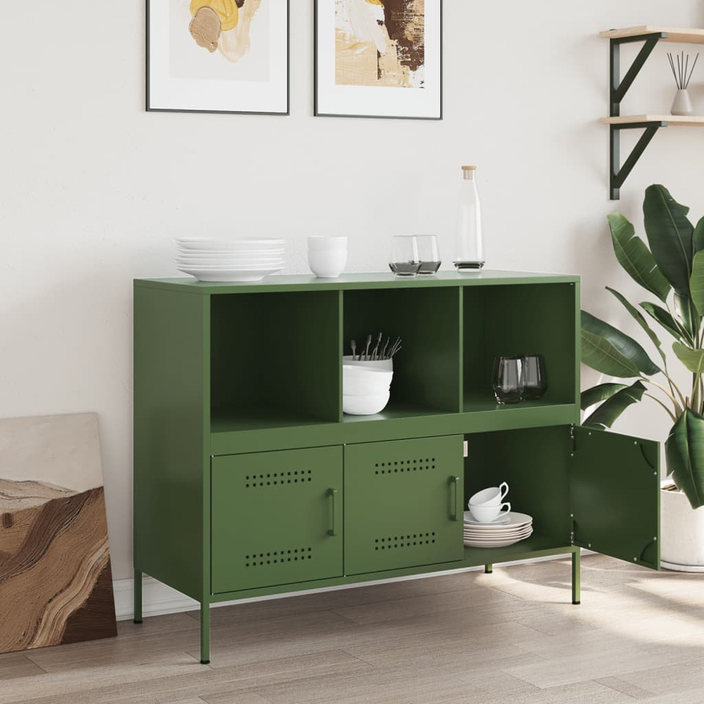 vidaXL 3 Door 3 Shelf Olive Green Steel Sideboard Image 9