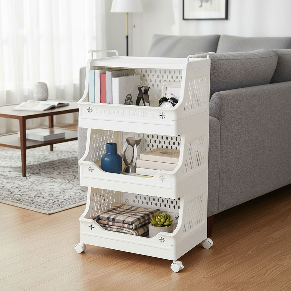 Living and Home 4-Tier White Foldable Plastic Storage Trolley Cart with Handles Image 7