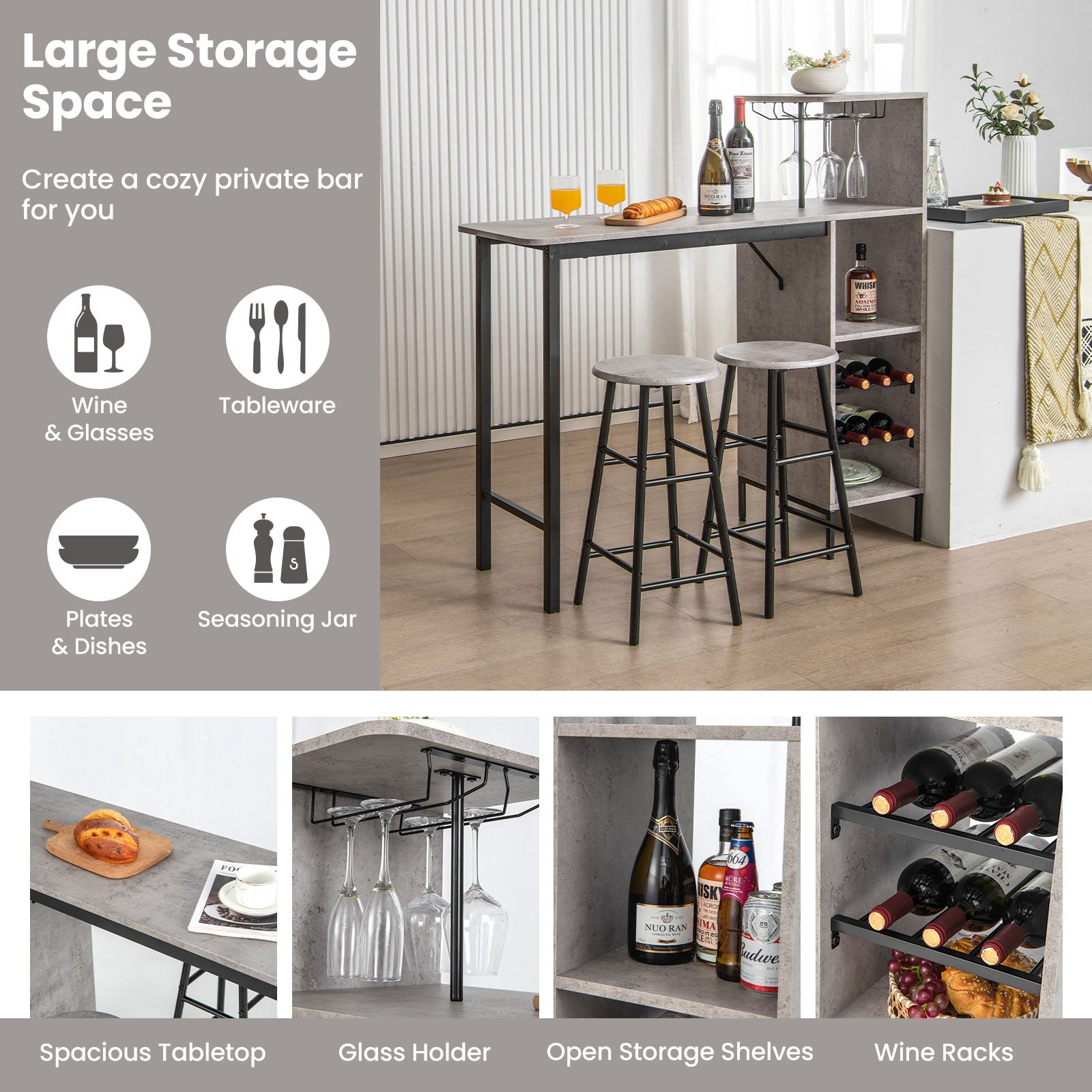 Costway 2 Seater Counter Height Dining Set Grey Image 7