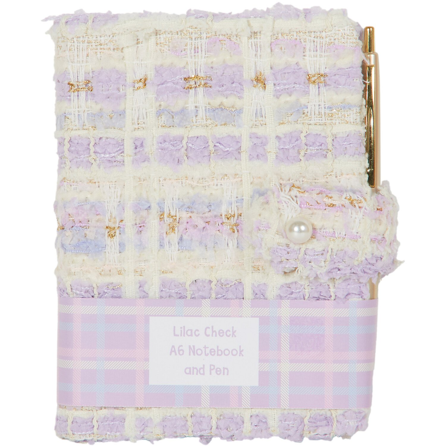 Lilac Check Fabric A6 Notebook and Pen - Purple Image 1